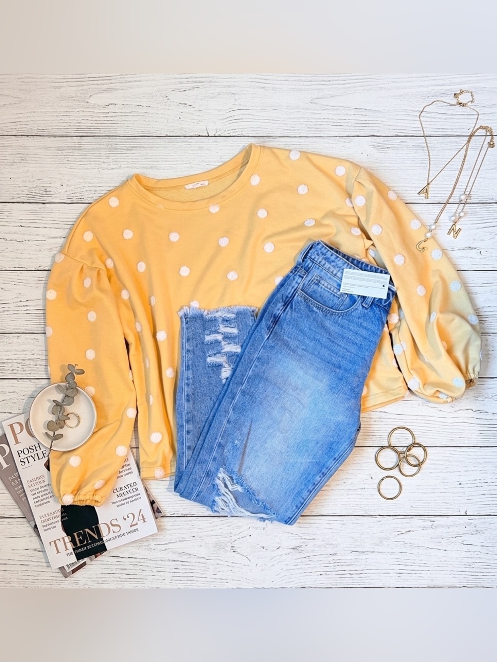 Yellow Polka Dot Puff Sleeve Top & NWT Jeans